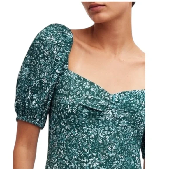 Madewell Puff-Sleeve Sweetheart Midi Dress in Green Ditsy Floral Print - Size 6 - Picture 5 of 11